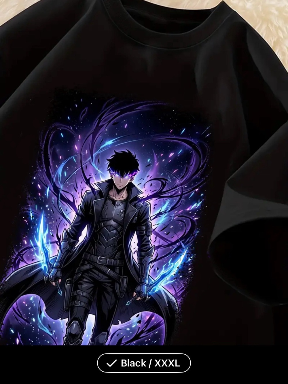 Black Graphic Short Sleeve Tee with Neon Anime Design